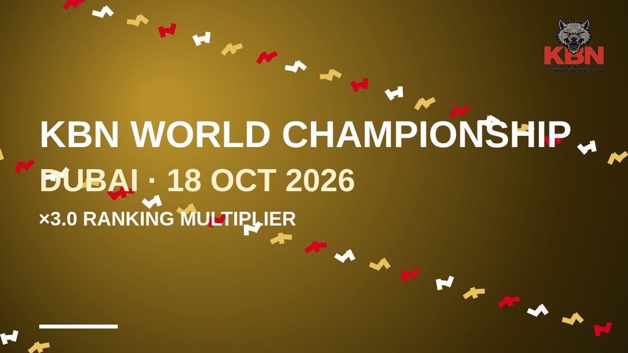 Dubai, 18 October. The KBN World Championship 2026 is the only ×3.0 event on the calendar: a title here is worth (5 + 20 + 100) × 3.0 — before any finishing bonus.